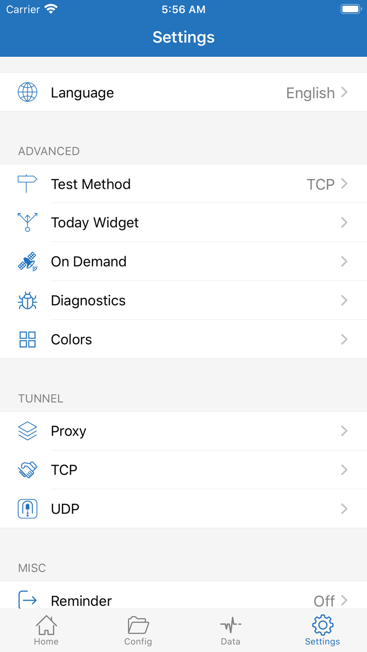 Shadowrocket Settings screen showing Language, Test Method, Today Widget, On Demand, Diagnostics, Proxy, TCP, and UDP options
